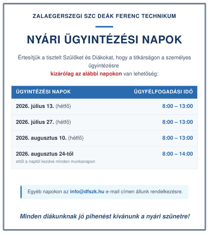 Nyári ügyintézési napok